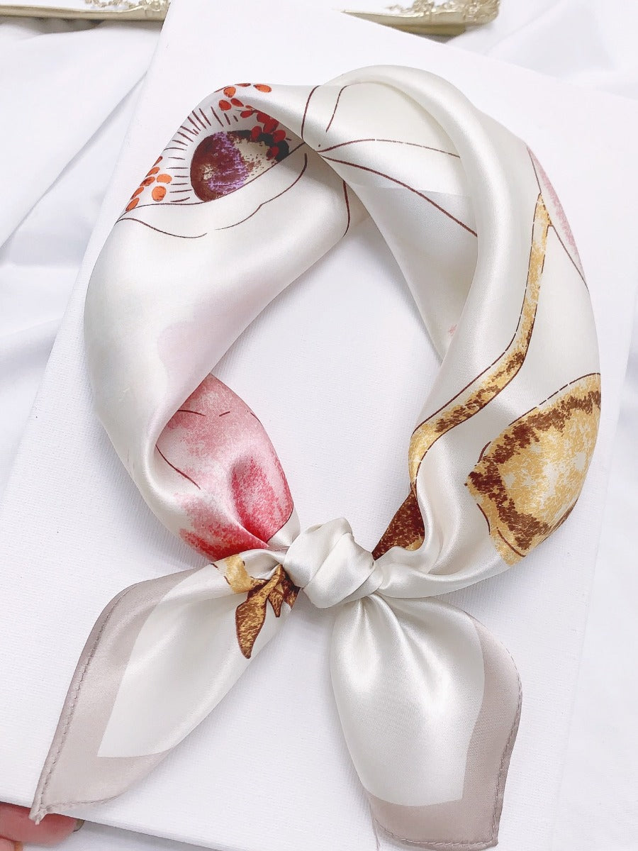 White mulberry silk floral printed square scarf, 53x53cm.
