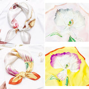 Mulberry silk floral printed square scarf in various colors, 53x53cm.