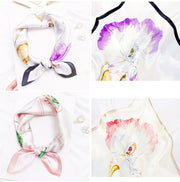 Mulberry silk floral printed square scarf, 53x53cm, featuring vibrant purple and pink flower designs.
