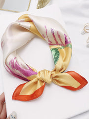Mulberry silk floral printed square scarf (53x53cm) in cream, orange, and purple.