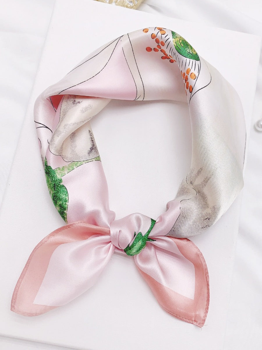 Pink mulberry silk floral printed square scarf, 53x53cm.
