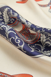 Mulberry silk floral square scarf, 53x53cm, with navy, white, and orange ornate pattern on cream.