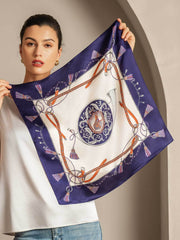 Mulberry silk floral square scarf with navy border, equestrian design, and tassel details.
