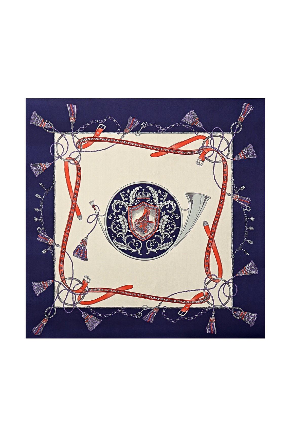 Mulberry silk floral square scarf, 53x53cm, with a navy border, red straps, and a central horn crest design.