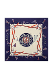 Mulberry silk floral square scarf, 53x53cm, with a navy border, red straps, and a central horn crest design.