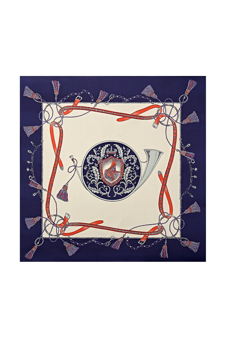 Mulberry silk floral square scarf, 53x53cm, with a navy border, red straps, and a central horn crest design.