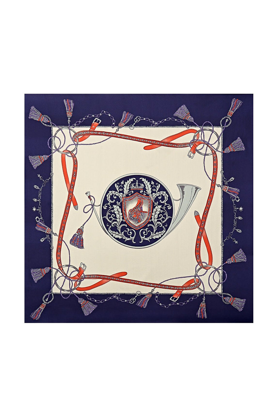 Mulberry silk floral square scarf, 53x53cm, with a navy border, red straps, and a central horn crest design.