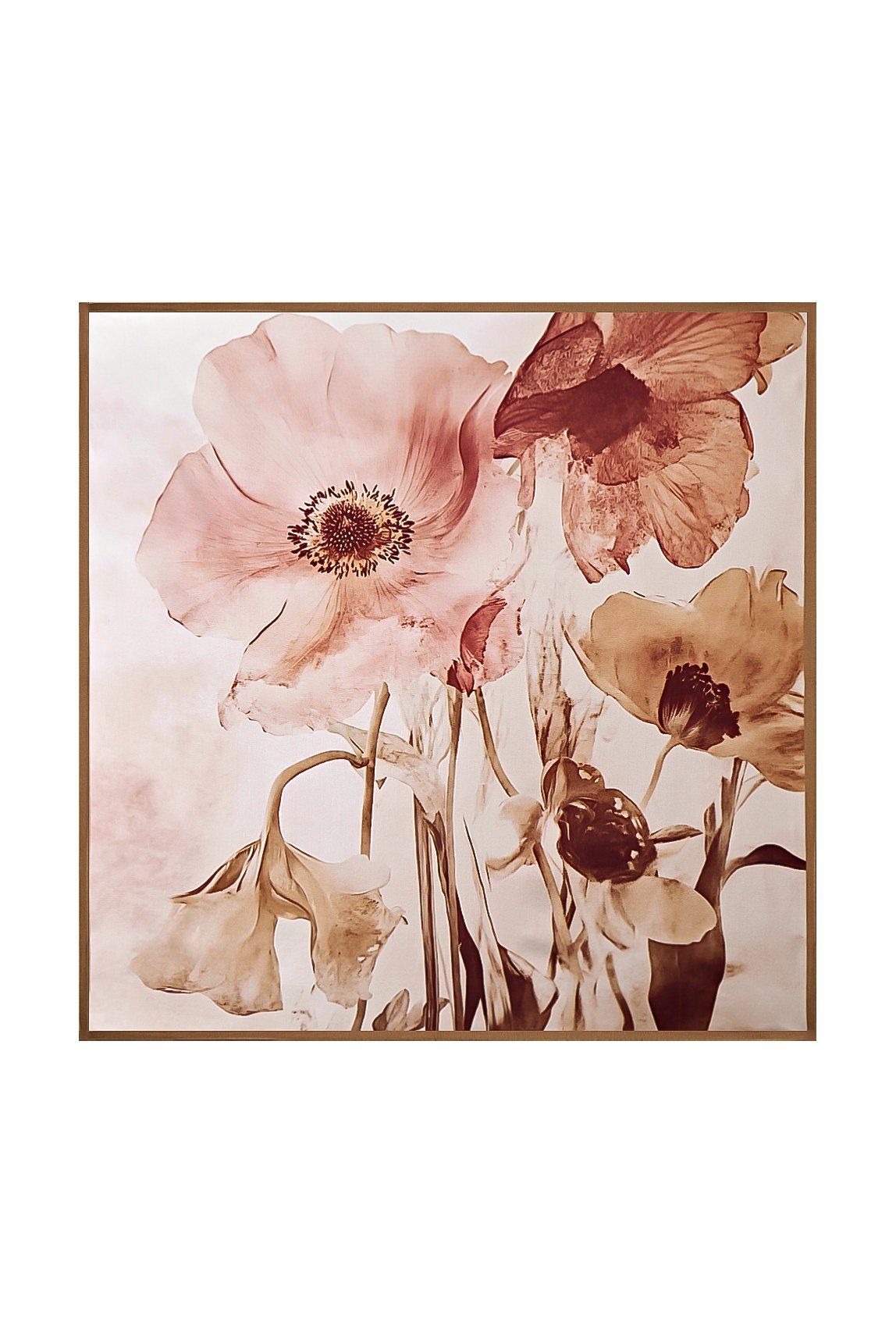 Mulberry silk floral square scarf with gold trim, featuring soft pink and brown flowers.