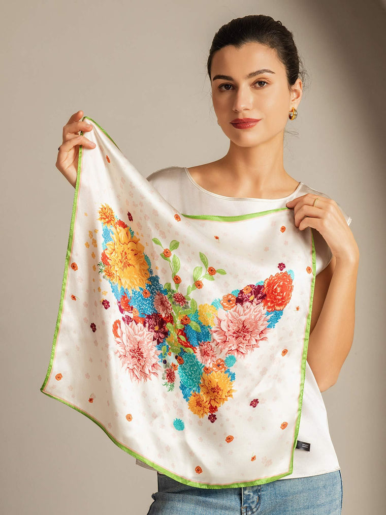 Women's 100% Mulberry silk floral square scarf, 53*53 cm, with vibrant flowers and green trim.