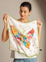 Women's mulberry silk floral square scarf, 53*53 cm, with vibrant flowers and green trim.