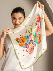 Women's 100% mulberry silk floral square scarf with vibrant flowers and green trim.