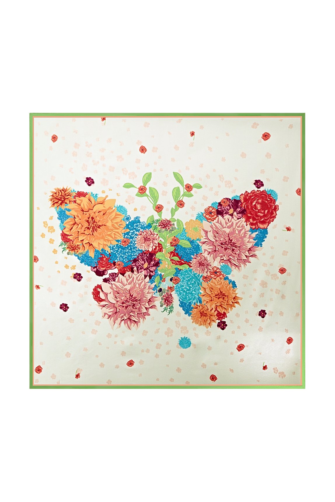 Mulberry silk floral square scarf, 53x53cm, with a colorful flower butterfly design and green trim.