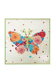 Mulberry silk floral square scarf, 53x53cm, with a colorful flower butterfly design and green trim.