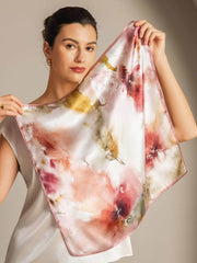 Mulberry silk floral square scarf with pink trim, 53x53 cm.