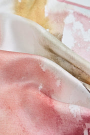 Mulberry silk floral square scarf with pink trim, 53x53 cm.