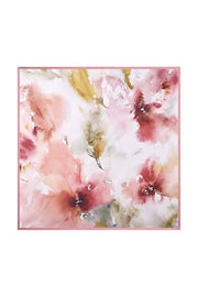 Mulberry silk floral square scarf, 53x53cm, with watercolor pink, red, and gold flowers and a pink trim.