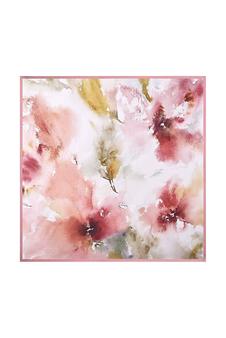 Mulberry silk floral square scarf, 53x53cm, with watercolor pink, red, and gold flowers and a pink trim.