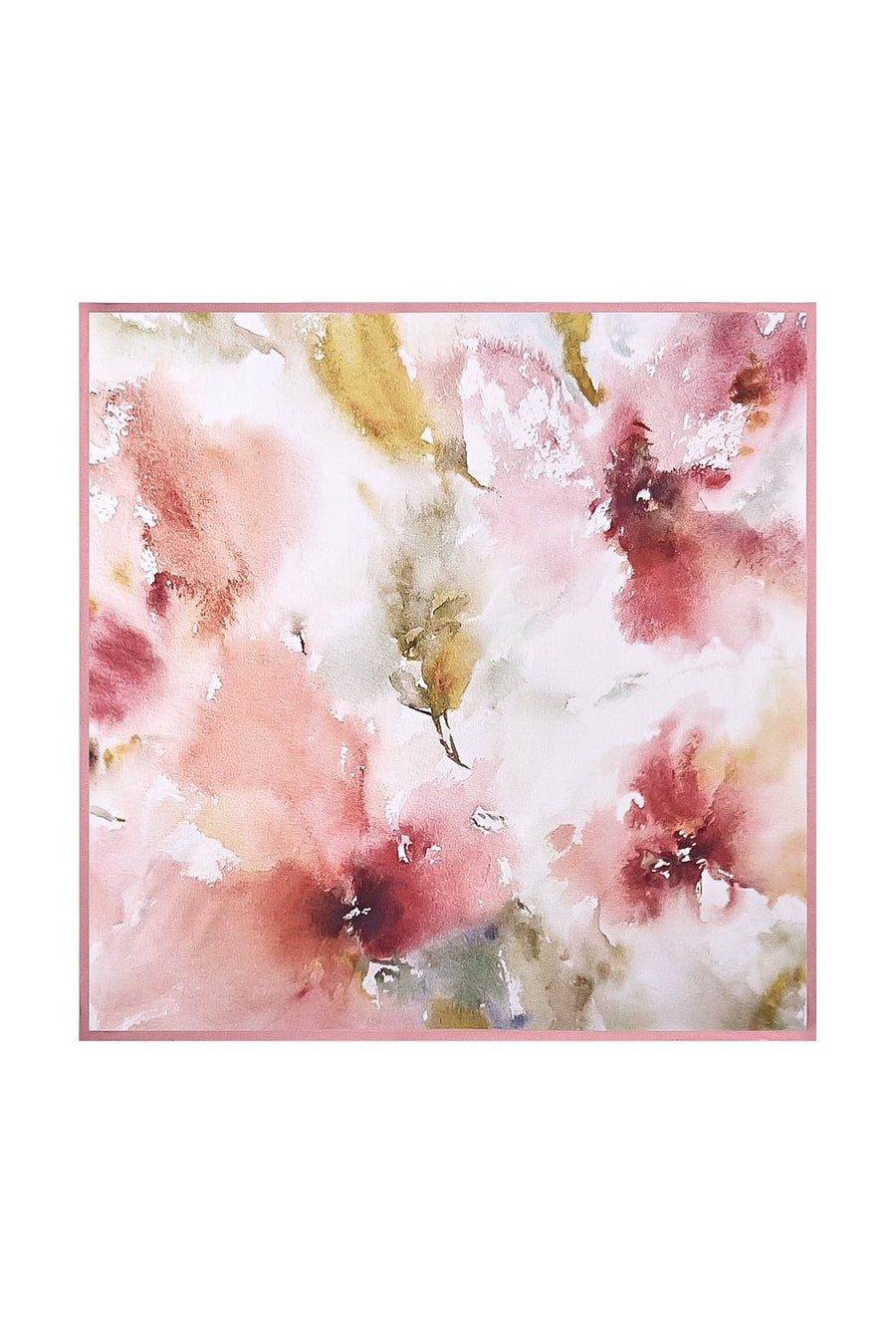 Mulberry silk floral square scarf, 53x53cm, with watercolor pink, red, and gold flowers and a pink trim.