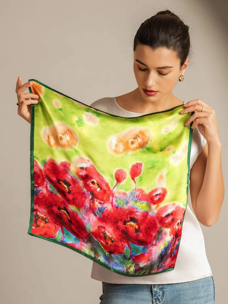 Women's 100% mulberry silk square scarf, 53x53cm, with vibrant red flower impression on a lime green background.