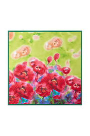 Mulberry silk scarf with vibrant red flower impression on a lime green background, 53x53cm.