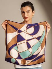 Mulberry silk geometric pattern square scarf, 53x53cm, in brown, purple, and teal.