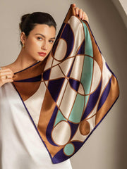 Mulberry silk geometric pattern square scarf (53x53cm) in brown, teal, and purple.