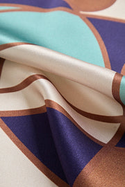 Mulberry silk geometric pattern square scarf, 53x53cm, with teal, purple, and brown design.