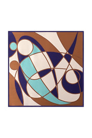 Mulberry silk geometric pattern square scarf, 53x53cm, in brown, cream, teal, and navy.