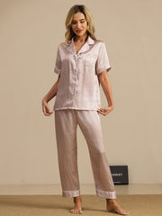 Women's mulberry silk geometric print short sleeve notch collar pajama set with pants.