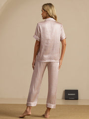 Women's mulberry silk geometric print short sleeve notch collar pajama set with pants.