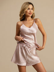 Pink heart geo mulberry silk camisole and shorts set with spaghetti straps and V-neck.