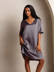 Women's mulberry silk half-sleeve V-neck short nightgown in charcoal gray with a split design.