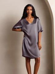 Women's mulberry silk half sleeve V-neck short nightgown in gray with split design.