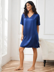 Women's navy blue mulberry silk V-neck short nightgown with half sleeves and side split design.