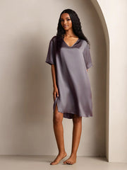 Women's purple gray mulberry silk half sleeve V-neck nightgown with split design.
