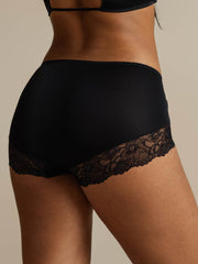 Black mulberry silk high-rise knickers with lace trim, women's silk lingerie.