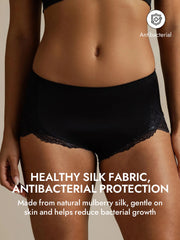 Black mulberry silk high-rise knickers with lace trim, offering antibacterial protection.