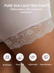 White mulberry silk high-rise knickers with delicate lace trim, soft and hypoallergenic.