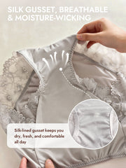 Light gray mulberry silk high-rise knickers with lace trim and breathable, moisture-wicking silk gusset.