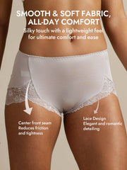 Light grey mulberry silk high-rise knickers with delicate lace trim and a center front seam.