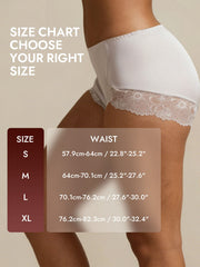 White mulberry silk high-rise knickers with delicate lace trim, shown on a model with a size chart.