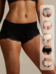 Black mulberry silk high-rise knickers with lace trim, shown on a model, with color options.