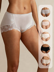 Gray mulberry silk high-rise knickers with white lace trim. Insets show other colors.