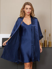 Women's navy blue mulberry silk kimono robe and V-neck nightgown set.