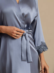 Mulberry silk robe in dusty blue with lace cuffs and a tied belt, perfect for women's loungewear.