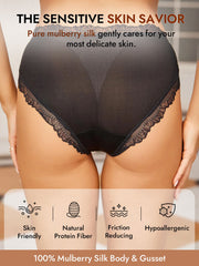 Black mulberry silk lace trim bikini panty, designed for sensitive skin.