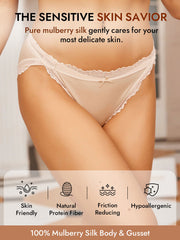 Nude mulberry silk lace trim bikini panty with a delicate bow design.