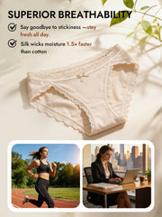 Cream mulberry silk lace trim bikini panty with bow design.