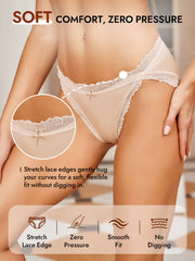 Nude mulberry silk lace trim bikini panty with bow design, offering soft comfort and a smooth fit.