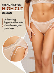 Nude mulberry silk high-cut bikini panty with lace trim and bow design.